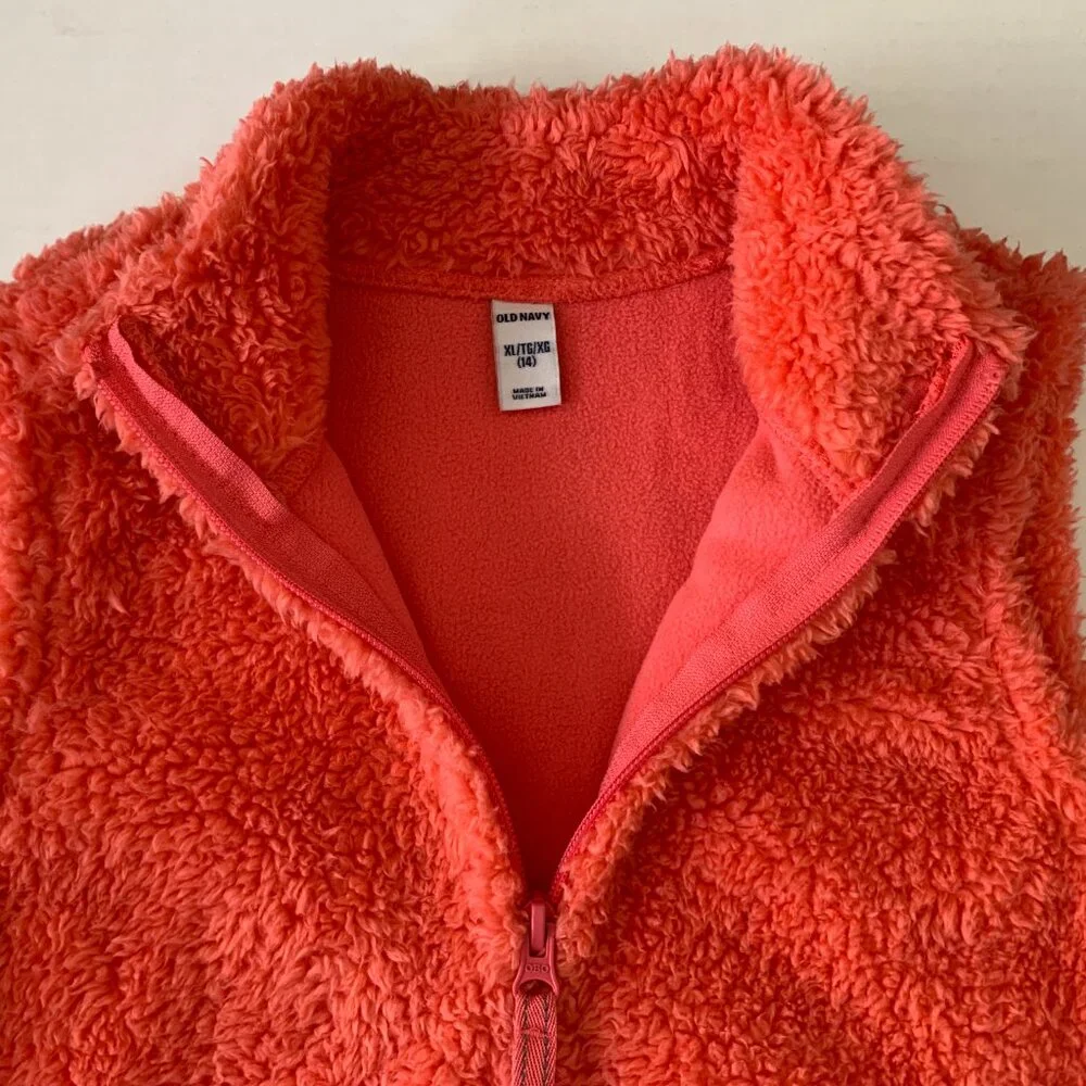 Share Old Navy girls salmon pink fleece fluffy vest jacket zipper pockets sz 14